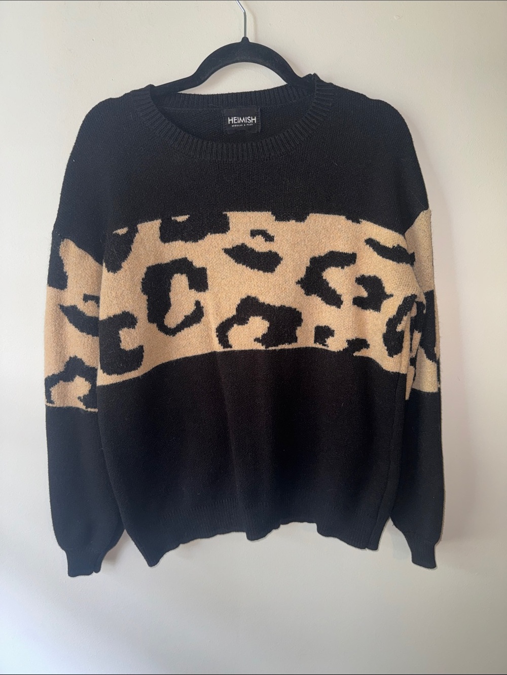 Heimish Black and Tan Leopard-Print Crewneck Sweater
